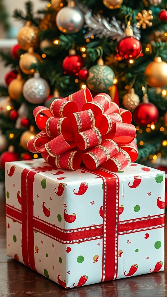 Creative Christmas Gift Wrapping Ideas with Ribbons A Christmas gift wrapped in colorful paper with a large ribbon bow, set under a decorated tree.